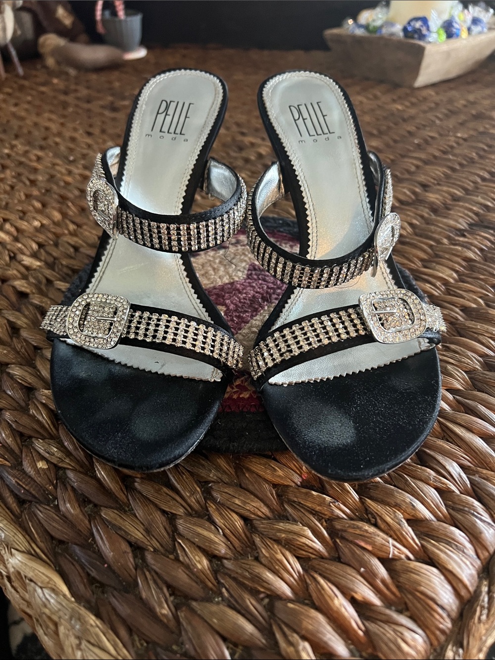 Pelle Moda Black Satin Heels with Crystal Buckles